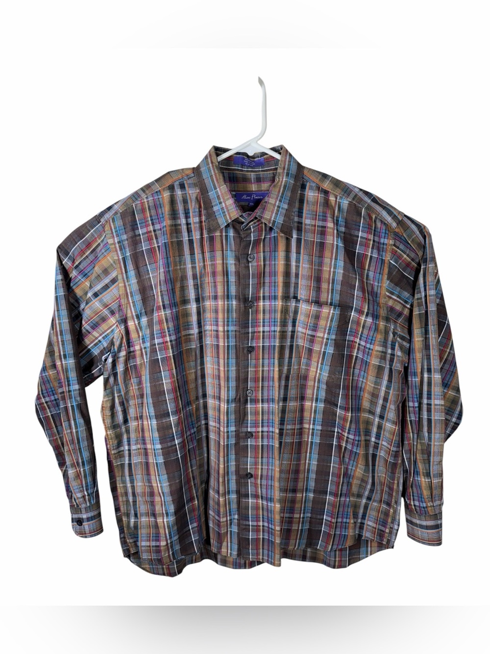 Alan Flusser Brown Plaid Button-Down Shirt with Blue & Tan Stripes